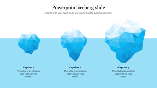 Three polygonal icebergs in varying sizes, partially submerged in water, with captions below, on a teal and white backdrop.