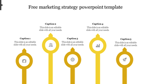Marketing strategy infographic PPT slide with five vertical elements, yellow icons, and captions on a white backdrop.