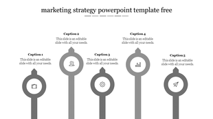 Five gray vertical arrows with circular icons, illustrating phases of a business marketing strategy.