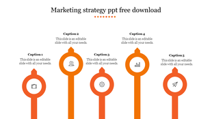 Five orange pointers in a row with icons, representing steps in a marketing strategy process.