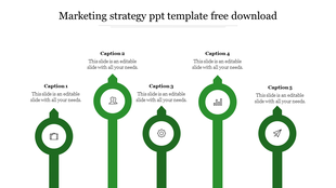 Marketing strategy infographic PPT slide with five vertical elements, green icons, and captions on a white backdrop.