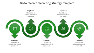 Five pointing down green arrows with circular icons following a curved path, set against a white background.