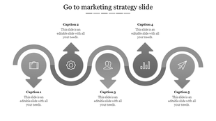 Grayscale wave arrow design connecting five step icons in upward pointers, representing stages in a marketing process.