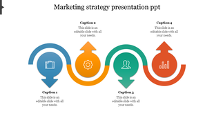 Marketing strategy slide with arrows in four colors, each pointing to a round icon and caption for planning and growth steps.