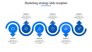 Blue wavy path with six up and down arrows pointing to circular icons representing different marketing strategy steps.