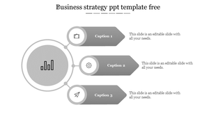 Slide with gray arrow shaped banners connected to circular icons, representing business strategy steps.