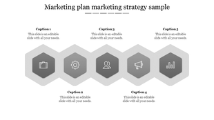 Grey hexagonal marketing strategy PPT template with five key business process icons with captions on a white backdrop.