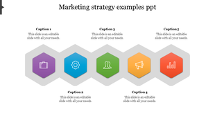 Five colorful hexagons with icons in purple, blue, green, orange, and red, showcasing a marketing process.