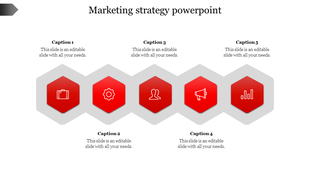 Marketing strategy slide with five red hexagons displaying icons like briefcase, gear, users, megaphone, and bar chart.