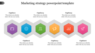 Marketing strategy infographic with six hexagonal icons in purple, blue, green, orange, red, and pink, aligned in a pathway.