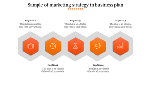 Marketing strategy diagram with five orange hexagonal icons, each representing a different business concept.