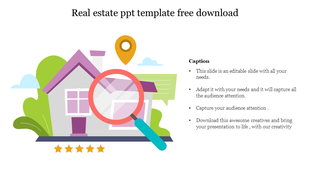 Illustration of a house with magnifying glass overlay, location marker, and star rating, alongside text placeholder.