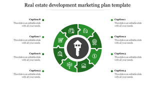 Real estate marketing plan slide with a circular design featuring key icons, surrounded by eight text sections.