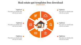Circular diagram with six orange segments, each containing an icon related to real estate around a house icon.