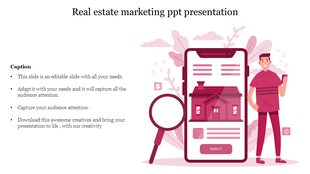 Real estate marketing concept with a phone screen showing a home listing and a magnifying glass in a PowerPoint slide.