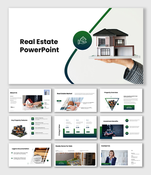 Real estate PPT template with house model image, green accents, curved shapes, clean text boxes, and property slides.