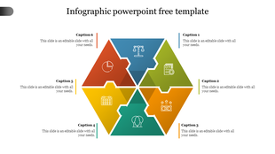 Colorful hexagonal infographic PowerPoint template with six labeled sections and business related icons with captions.
