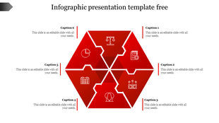 Hexagonal infographic PowerPoint template with six red segments, each containing white icons and placeholder text.