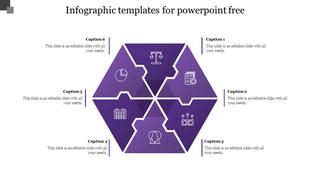 A purple hexagonal design with six sections, each containing an icon and a placeholder for captions.