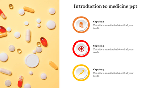 Scattered pills on a yellow background, with three icons representing different aspects of medicine to the right.
