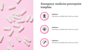 Emergency medicine PPT slide with icons for medicine, cross, and syringe alongside white capsules on a pink background.