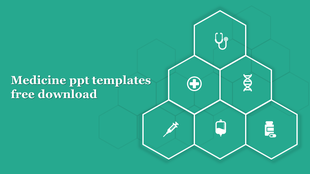 Hexagonal medical layout displaying icons like a stethoscope, cross, DNA strand, and syringe on a teal background.