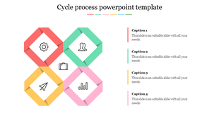 Colorful cycle process PowerPoint template with five interconnected diamond shapes and icons with captions.