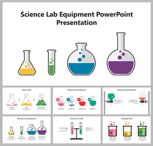 Multiple slides featuring colorful science lab equipment icons with liquid, highlighting chemistry tools and comparisons.