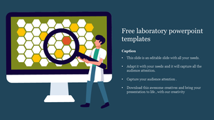 Lab slide with a scientist examining a computer screen with a magnifying glass, showing a honeycomb pattern, with text.