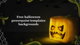 Illustrated Halloween background featuring a glowing carved pumpkin with a menacing face and twisted vines on a backdrop.