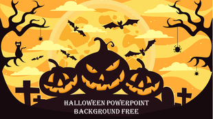 Spooky Halloween with three evil pumpkins, bats, haunted trees, spiders, and gravestones in a dark silhouette style.