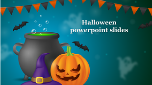 Halloween themed PowerPoint slide with a bubbling cauldron, jack o lantern, witch hat, and spooky ghostly background.