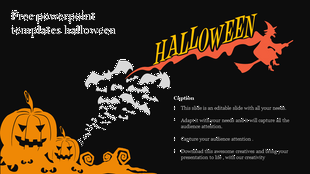 Spooky Halloween PPT template featuring a flying witch, swarm of bats, glowing jack o lanterns, and text on a dark backdrop.