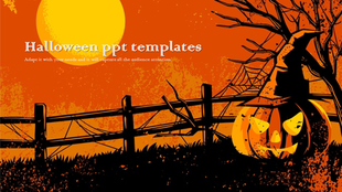 Spooky Halloween background featuring a carved pumpkin with a witch hat, a wooden fence, barren tree, and a spider web.