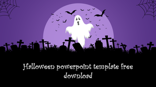 Spooky Halloween PowerPoint template featuring a glowing ghost, flying bats, and a haunted graveyard under a full moon.