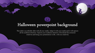 Spooky Halloween PowerPoint background with a purple night sky, flying bats, and a witch on a broomstick near the full moon.
