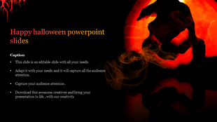Halloween slide with a glowing pumpkin, smoke effects, and dripping blood designs, set against a dark background.