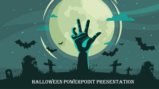 Halloween illustration of a zombie hand emerging from a graveyard, with a full moon, bats, and eerie green atmosphere. 