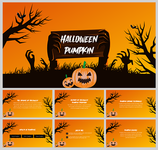 Orange and black slide deck with spooky tree silhouettes and pumpkins, including a central wooden sign and text areas.