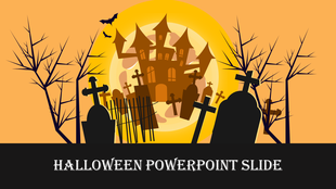 Halloween graveyard scene with tombstones, leafless tree, bats, and a haunted castle silhouetted against a glowing full moon.