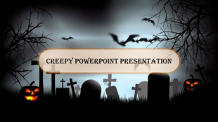 Dark graveyard scene with tombstones, bare tree branches, bats, and glowing jack-o'-lanterns, featuring a creepy banner.