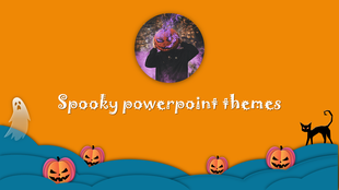 Spooky PPT theme with a Halloween design, featuring jack o lanterns, a ghost, a black cat, and a person with a pumpkin head.