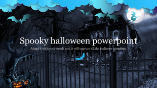 Spooky Halloween slide with a haunted house, glowing jack-o'-lanterns, bats, a graveyard, and a witch flying past the moon. 