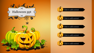 Spooky Halloween design with a jack-o'-lantern, ghosts, bats, spiders, and three section on history, traditions, and symbols.