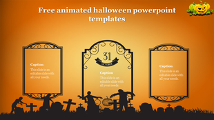 Dark Halloween themed slide with a carved glowing pumpkin, graveyard scene, eerie mansion lights, and captions areas.