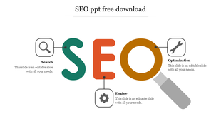 Slide featuring colorful SEO letters and icons representing search, optimization, and engine with icons and placeholder text.