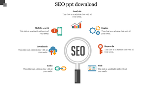 Slide featuring various SEO elements with color coded icons and placeholder text.