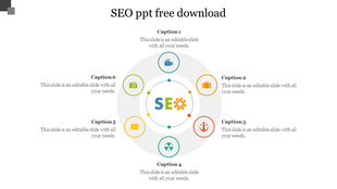 SEO PowerPoint slide with a circular infographic, six captions, and icons representing different digital marketing concepts.