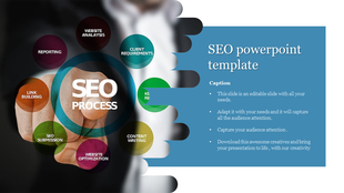 SEO process infographic with a clenched fist, circular keywords surrounding it, and a cutout effect leading to a text area. 