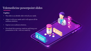 Telemedicine themed slide with a 3D doctor figure, medicine, and health icons emerging from a glowing purple smartphone. 